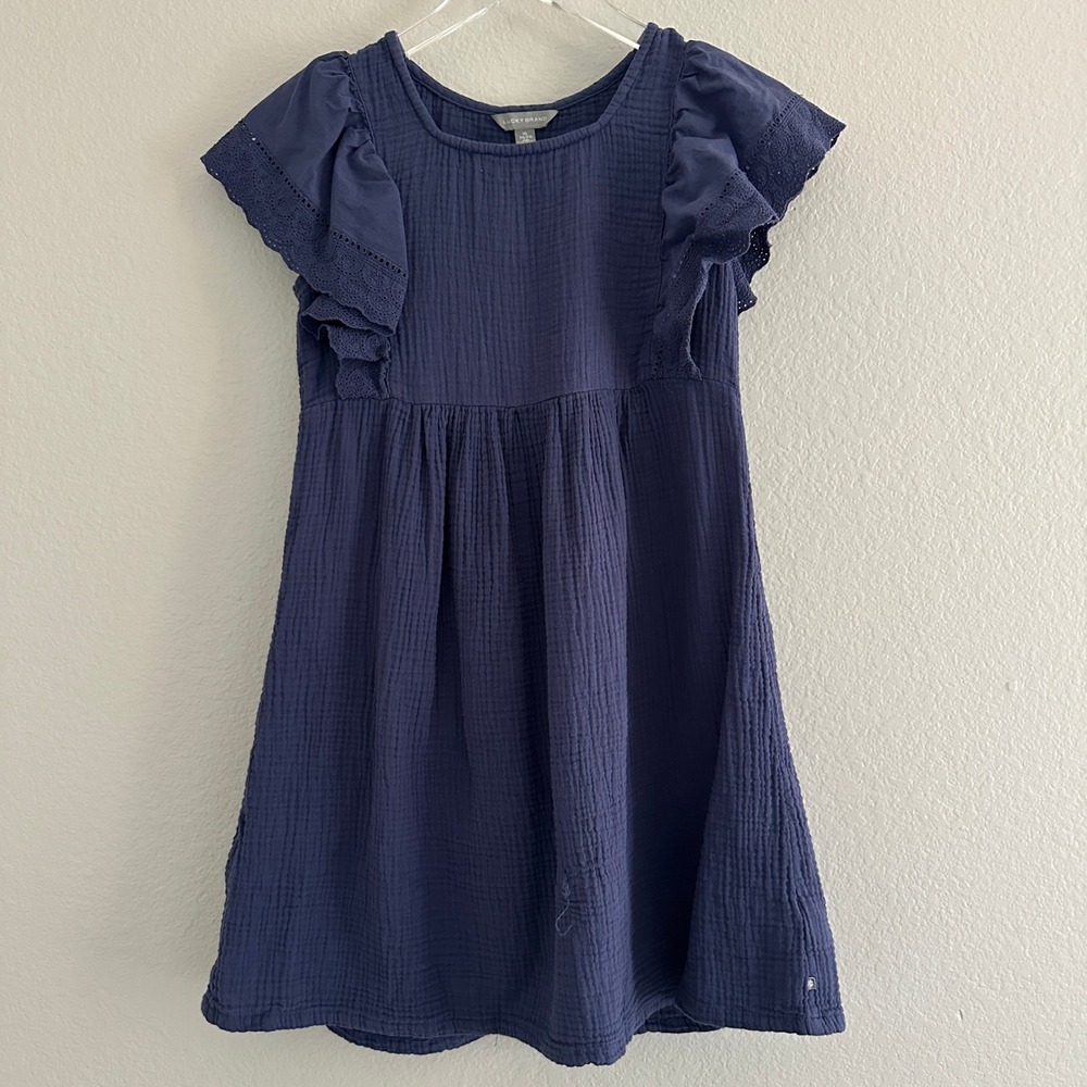 Lucky Brand Dress Kids XL 16 Blue Gauze Flutter Sleeve Eyelet Boho Peasant